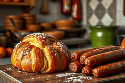 Levegős ensaimada sütemény és sobrasada a konyhában