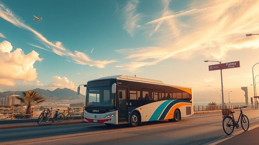 Reptéri busz Palma városában, kerékpárokkal az úton.
