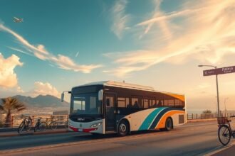 Reptéri busz Palma városában, kerékpárokkal az úton.