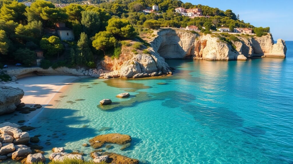 Gyönyörű öböl Palma közelében kristálytiszta vízzel és homokos parttal.