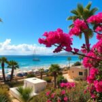 Palma gyönyörű tengerpartja virágokkal és pálmafákkal