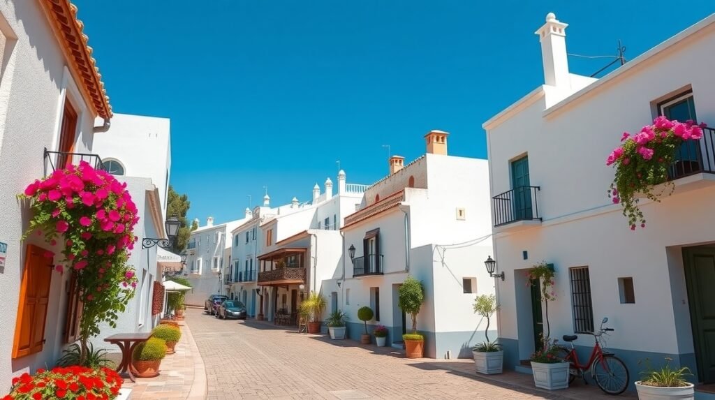 Casco Antiguo fehér házai virágos erkélyekkel Marbella városában