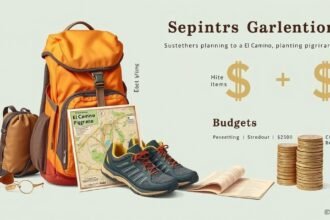 Felszerelés El Camino zarándokútra: hátizsák, térkép és túracipő.