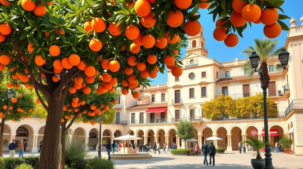Narancsfák a Plaza de los Naranjos terén Marbellában, Spanyolországban.
