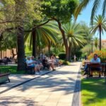 Pihenés az Alameda park csempézett padjain Marbella városában