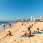 Napfényes strand Playa de Venus Marbellában, fürdőző és napozó emberekkel.