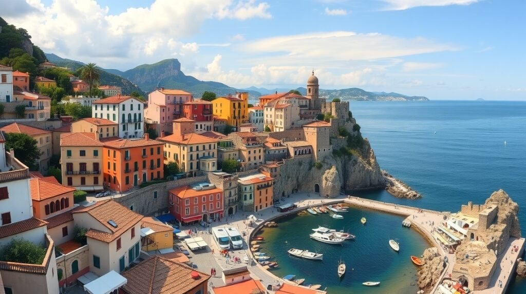 Látkép a Costa Brava városáról, színes házak és tenger.