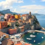 Látkép a Costa Brava városáról, színes házak és tenger.