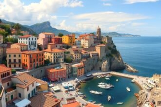 Látkép a Costa Brava városáról, színes házak és tenger.