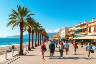 Paseo Marítimo sétány Marbella pálmafákkal és tengerparttal.