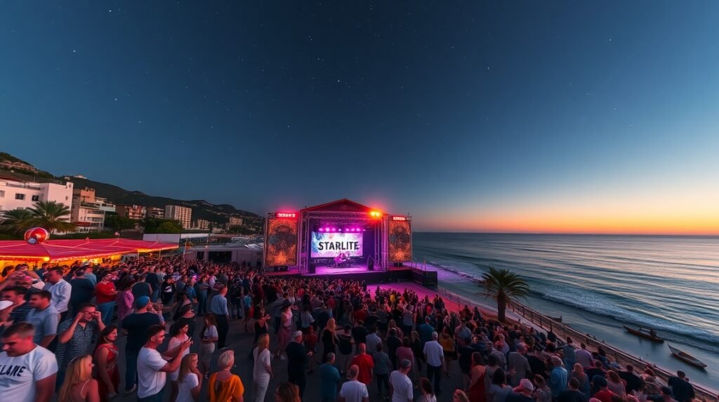Starlite fesztivál Marbellában a tengerparton este.