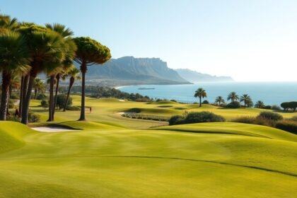 Gyönyörű golfpálya Marbella partján, tengerre néző kilátással.