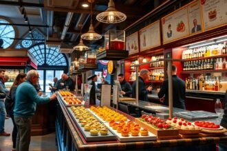 San Sebastián pintxo bár, változatos tapas ételekkel és friss helyi alapanyagokkal.