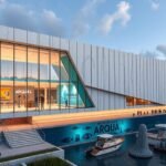 A Cartagena-i ARQUA múzeum modern épülete és kikötője