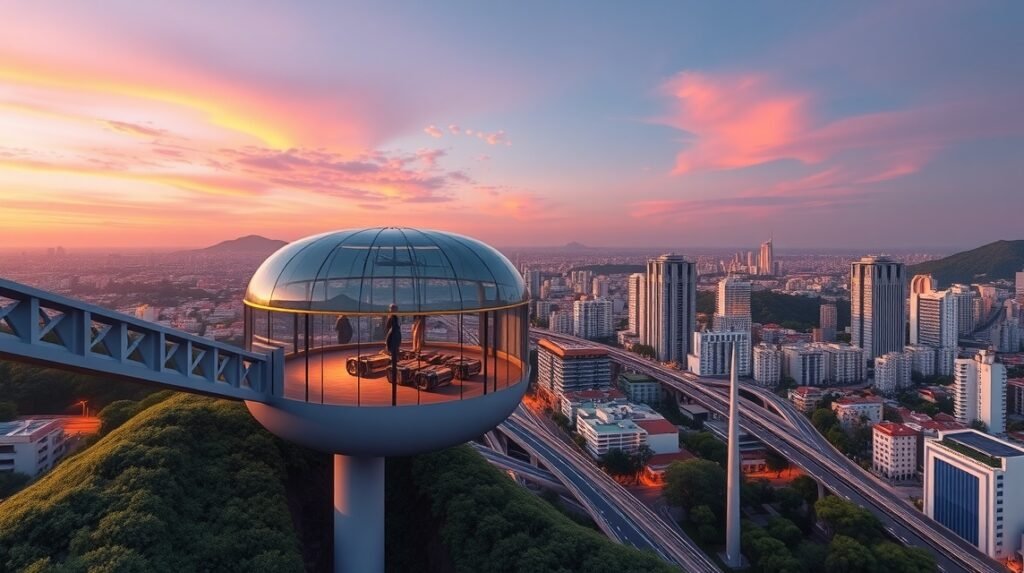 Cartagena panorámája a panorámaliftből naplementekor