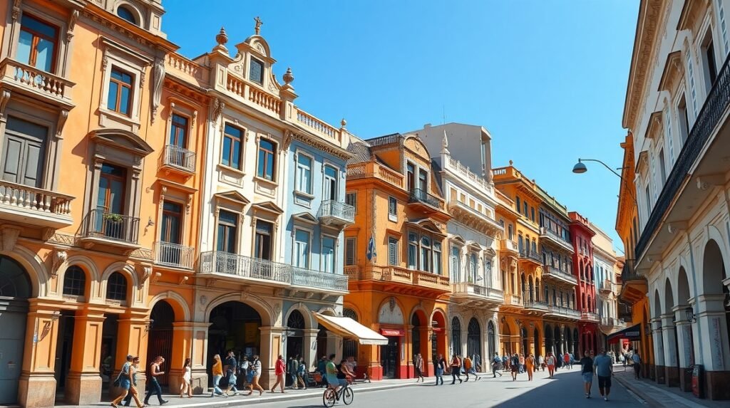 Modernista építészet a Calle Mayor Cartagena városában, díszes homlokzatokkal.