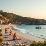 Családbarát jóga a csendes ibizai tengerparton naplementében.