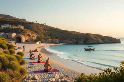 Családbarát jóga a csendes ibizai tengerparton naplementében.