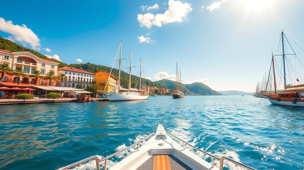 Hajókázás Cartagena gyönyörű kikötőjében, történelmi épületek mellett.