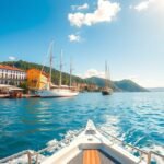 Hajókázás Cartagena gyönyörű kikötőjében, történelmi épületek mellett.