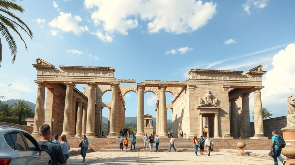 Az Augusteum romjai Cartagena városában, hatalmas oltárokkal.