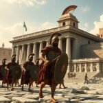 Római katonák vonulnak Cartagena történelmi épülete előtt.