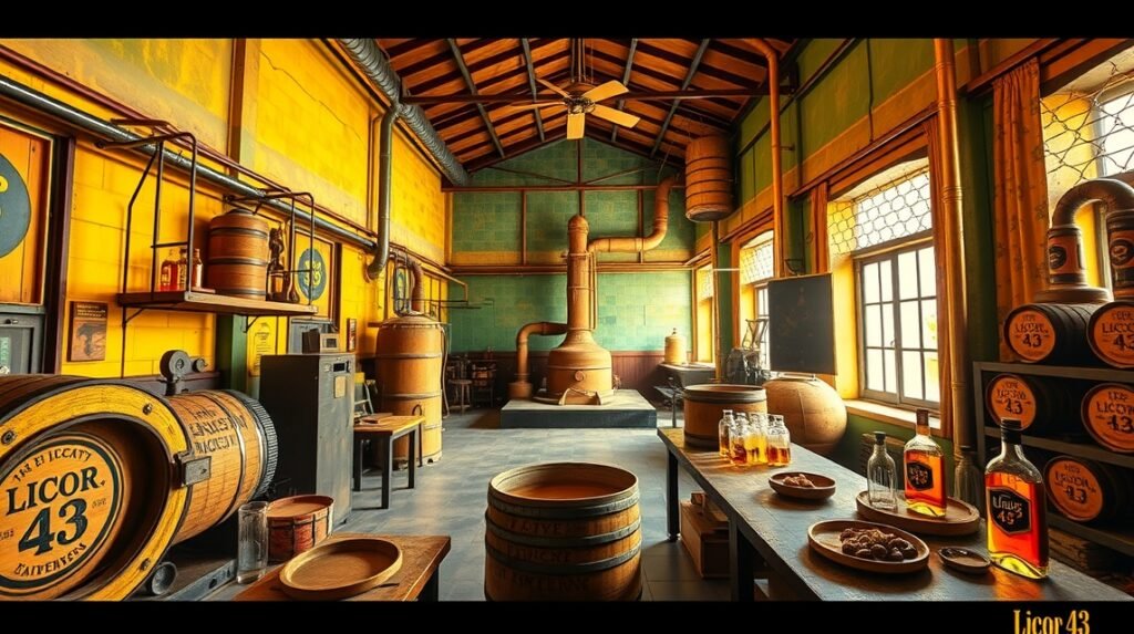 Licor 43 gyár belseje, rakott fa hordók és lepárló berendezés.