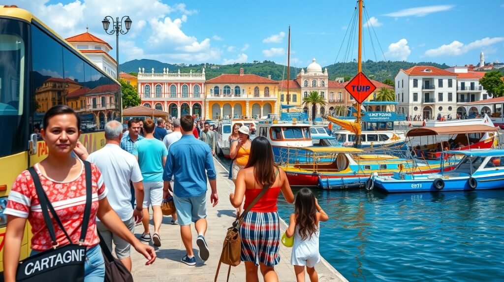 Séta a kikötőben Cartagenában, festői hajók és panoráma.