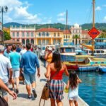 Séta a kikötőben Cartagenában, festői hajók és panoráma.