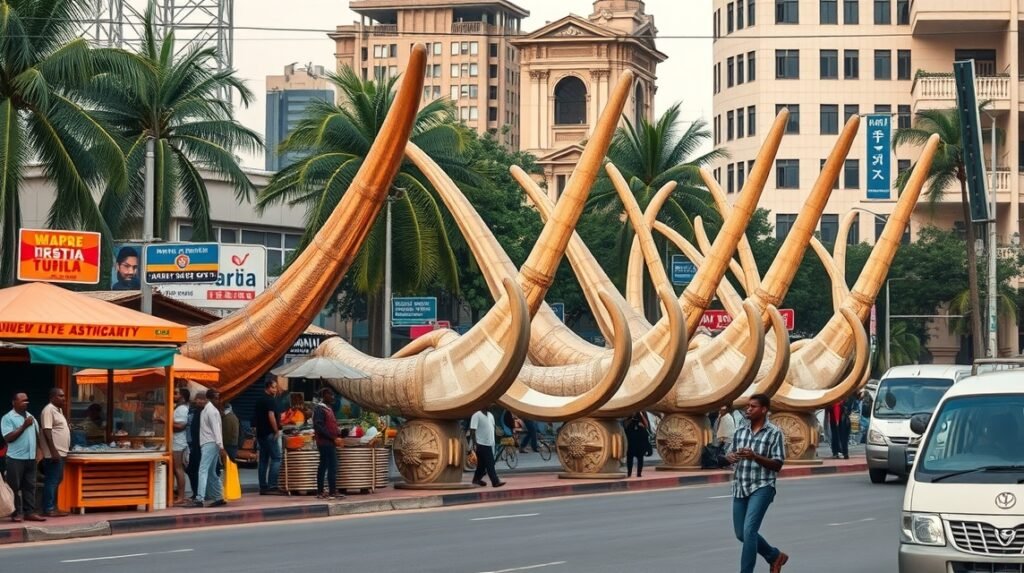 Mombasa híres Pembe Mbili agyarai a város központjában.