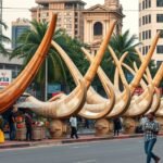 Mombasa híres Pembe Mbili agyarai a város központjában.