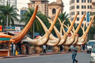Mombasa híres Pembe Mbili agyarai a város központjában.