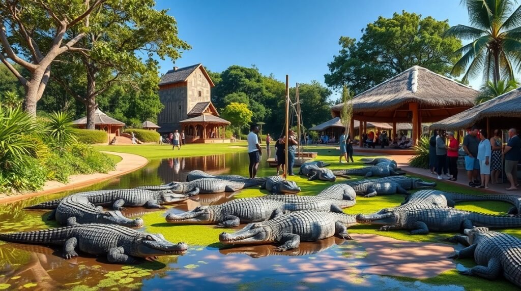 Krokodilok a Mamba Village krokodilfarmján Mombasában, Kenyában.