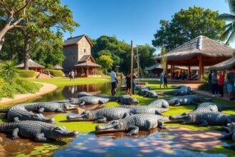 Krokodilok a Mamba Village krokodilfarmján Mombasában, Kenyában.