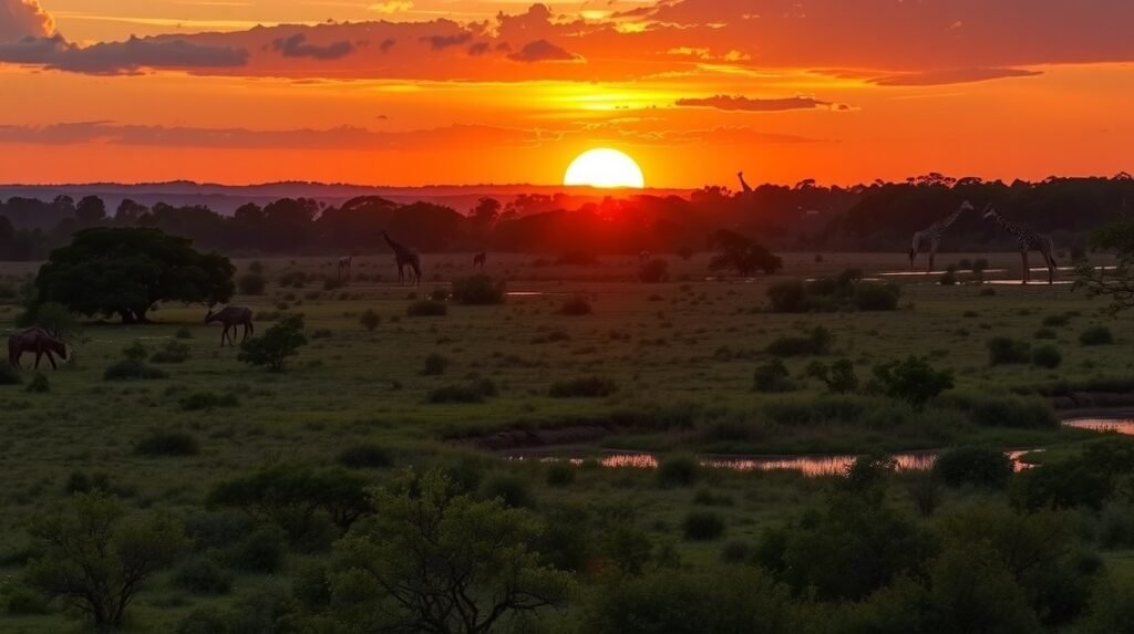 Naplemente a Nguuni Nature Sanctuary-ben, Mombasa, Kenyában.