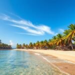 Bamburi Beach gyönyörű tengerpartja Mombasában, pálmafákkal és tiszta vízzel.