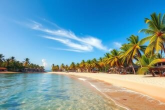 Bamburi Beach gyönyörű tengerpartja Mombasában, pálmafákkal és tiszta vízzel.