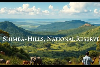 Panoráma a Shimba Hills Nemzeti Rezervátumban, elefántokkal és buja tájjal.