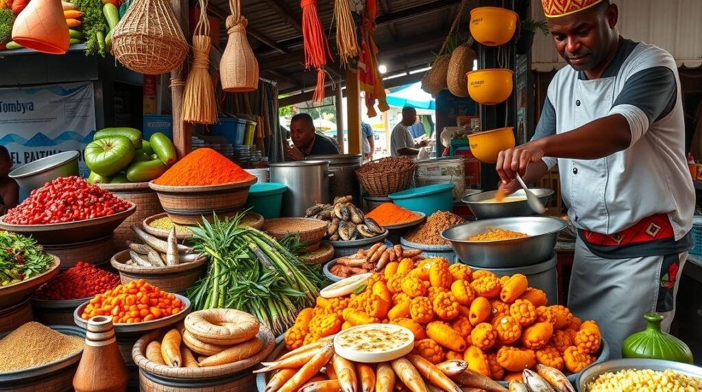 Mombasa-i piac szuahéli fűszerekkel és friss ételekkel.