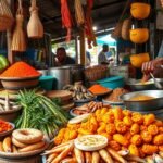 Mombasa-i piac szuahéli fűszerekkel és friss ételekkel.