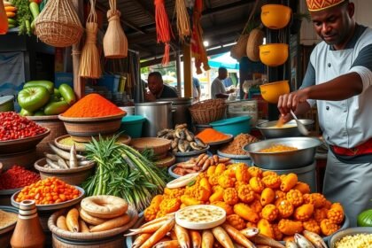 Mombasa-i piac szuahéli fűszerekkel és friss ételekkel.