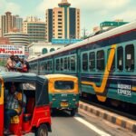 Tuk-tuk és Madaraka Expressz Mombasában, nyüzsgő városi közlekedés.