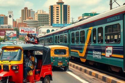 Tuk-tuk és Madaraka Expressz Mombasában, nyüzsgő városi közlekedés.