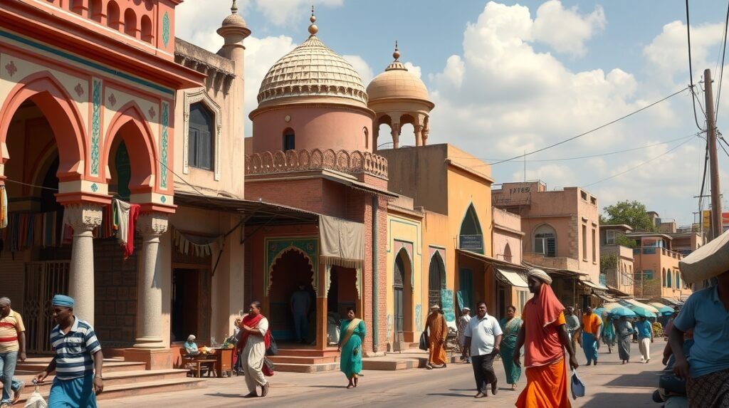 Mombasa színes vására építészeti részletekkel és emberekkel.