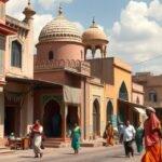 Mombasa színes vására építészeti részletekkel és emberekkel.