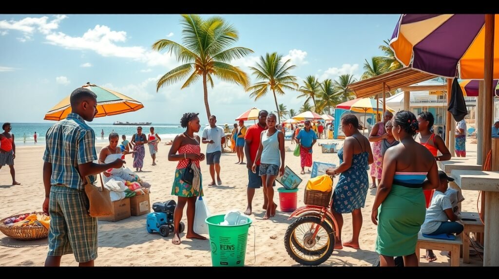 Népszerű strand Mombasában, ahol helyiek alkudoznak és turisták pihennek.
