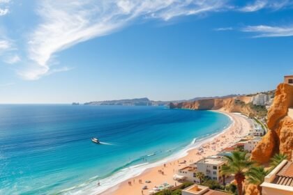 A kéken csillogó tenger és homokos part Alicante közelében