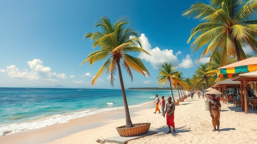 Mombasa trópusi tengerpartja, pálmafák és napfény.