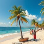 Mombasa trópusi tengerpartja, pálmafák és napfény.