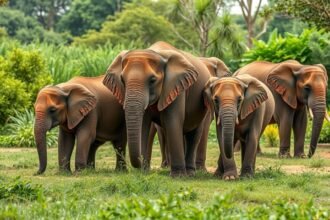 Négy bébinelefant a David Sheldrick elefántárvaházban Nairobi közelében.